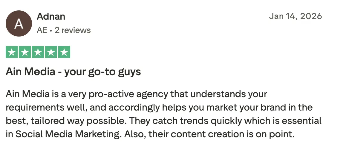 Five-star Trustpilot review by Adnan titled Ain Media - your go-to guys
