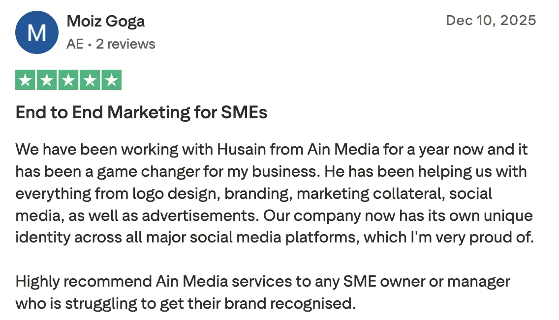 Five-star Trustpilot review by Moiz Goga titled End to End Marketing for SMEs